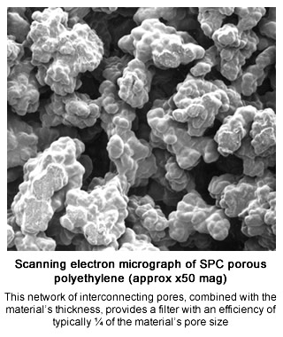 scanning electron micrograph of SPC porous polyethylene, circa 50 times magnification. The network of interconnecting pores combined with the material thickness results in a filter with an efficiency of typically 1/4 of the pores size.
